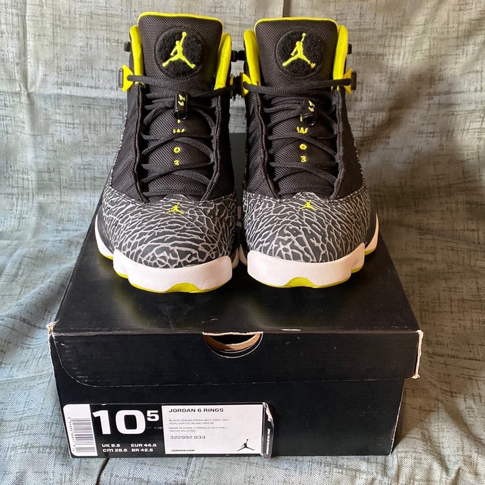 Jordan 6 Rings Men’s Size 10.5 BLACK/VENOM GREEN-WHT—CMNT GRY